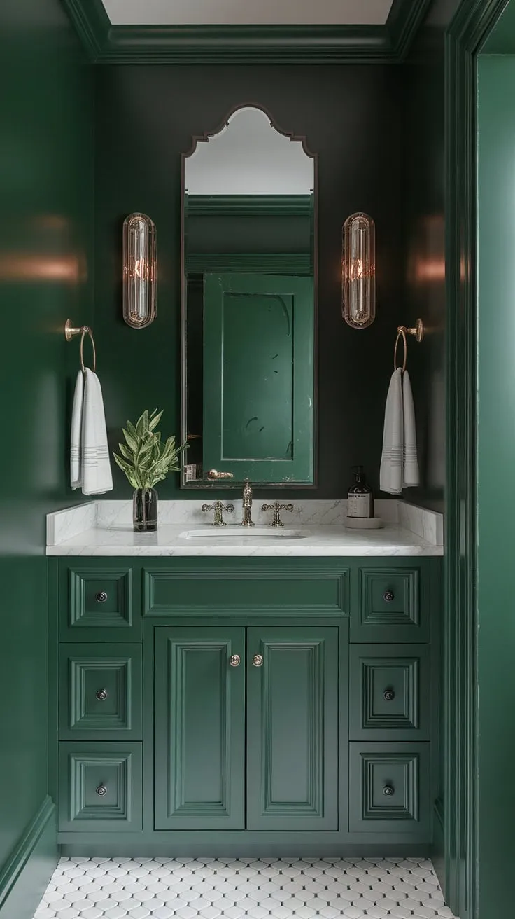 This stunning dark green bathroom showcases emerald walls, a bold green powder bath, and green industrial elements, all beautifully complemented by remodeled green cabinets.
