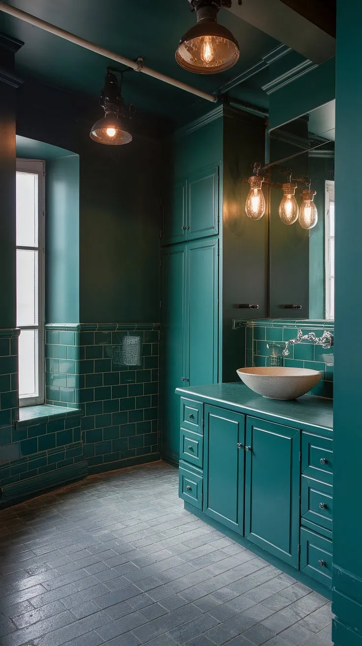 This striking dark green bathroom features emerald walls and cabinets, complemented by grey tiles and industrial lighting for a bold green powder bath aesthetic.