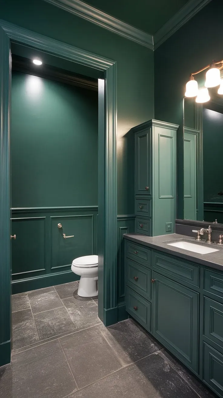 The dark green wall bathroom showcases a chic design with green industrial elements, including a powder bath and modern fixtures, all set against a backdrop of grey tiles.