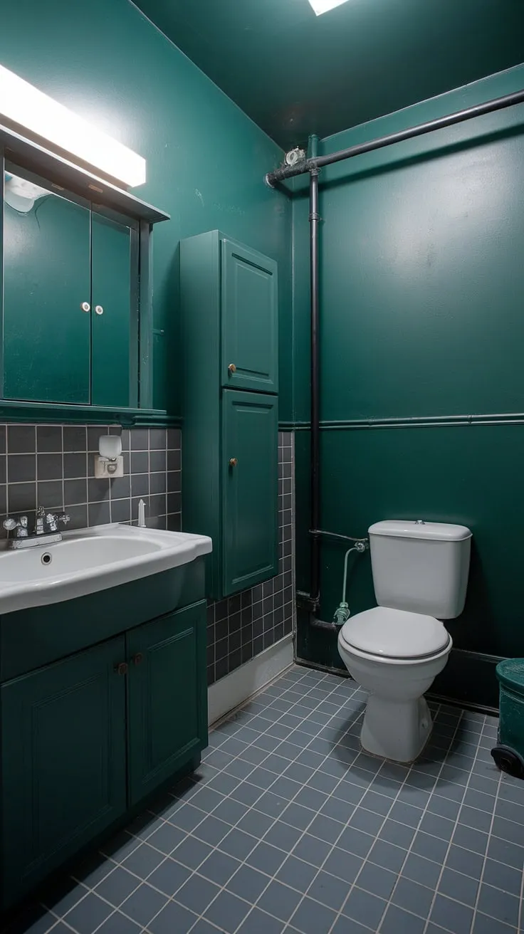 This striking dark green bathroom features emerald walls and bold green cabinets, complemented by a bright white sink and industrial black piping.