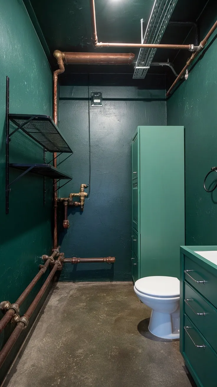 The dark green powder bath showcases a modern industrial design with emerald walls, concrete floors, and vibrant green cabinets for a bold statement.