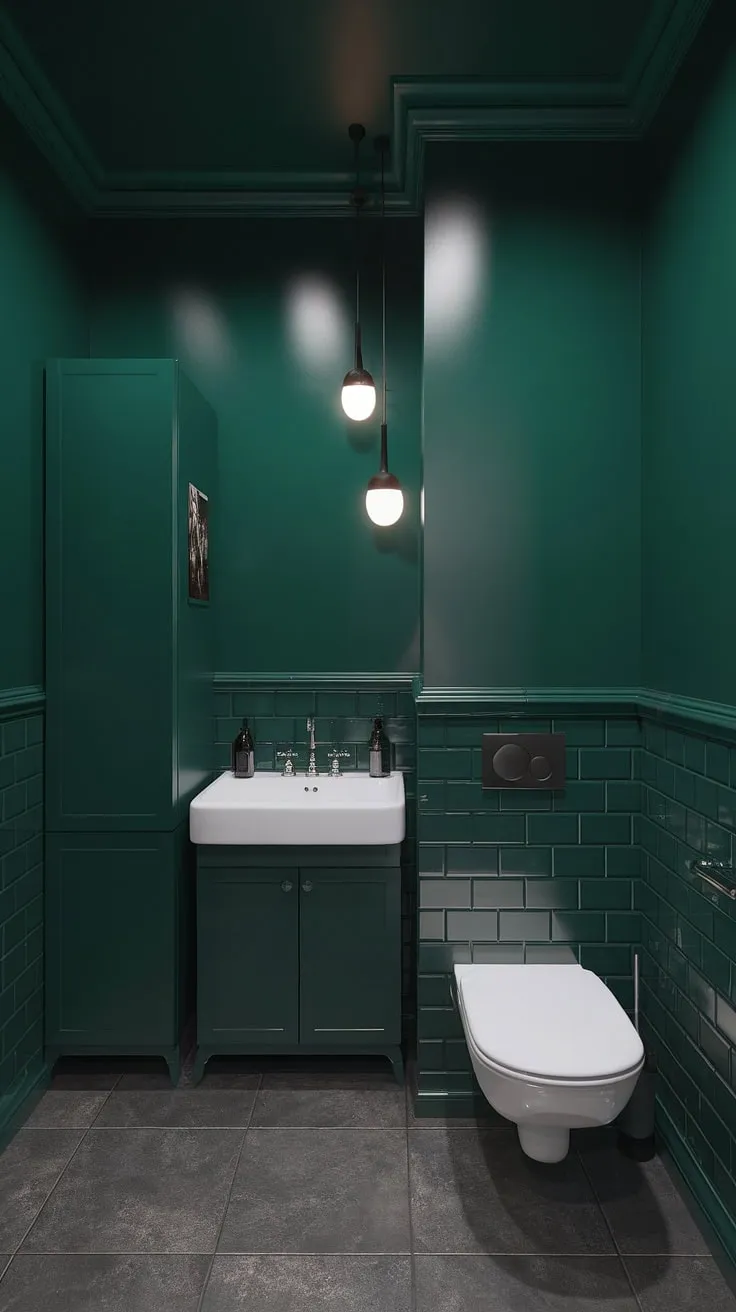 This striking dark green bathroom features bold emerald walls, green cabinets, and grey tiled flooring, creating a stunning industrial vibe.