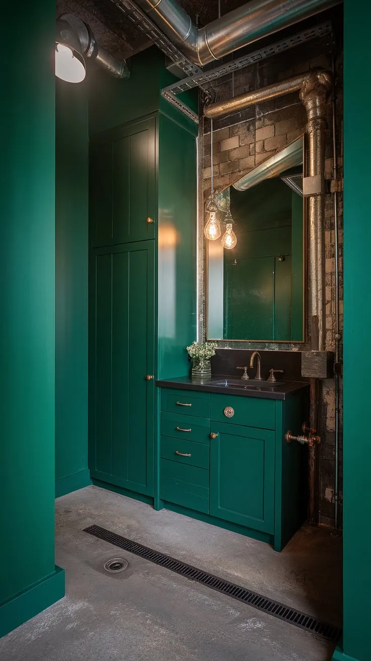 This striking dark green bathroom features emerald walls, bold green accents, dark green cabinets, and an industrial vibe with exposed pipes and a concrete floor.