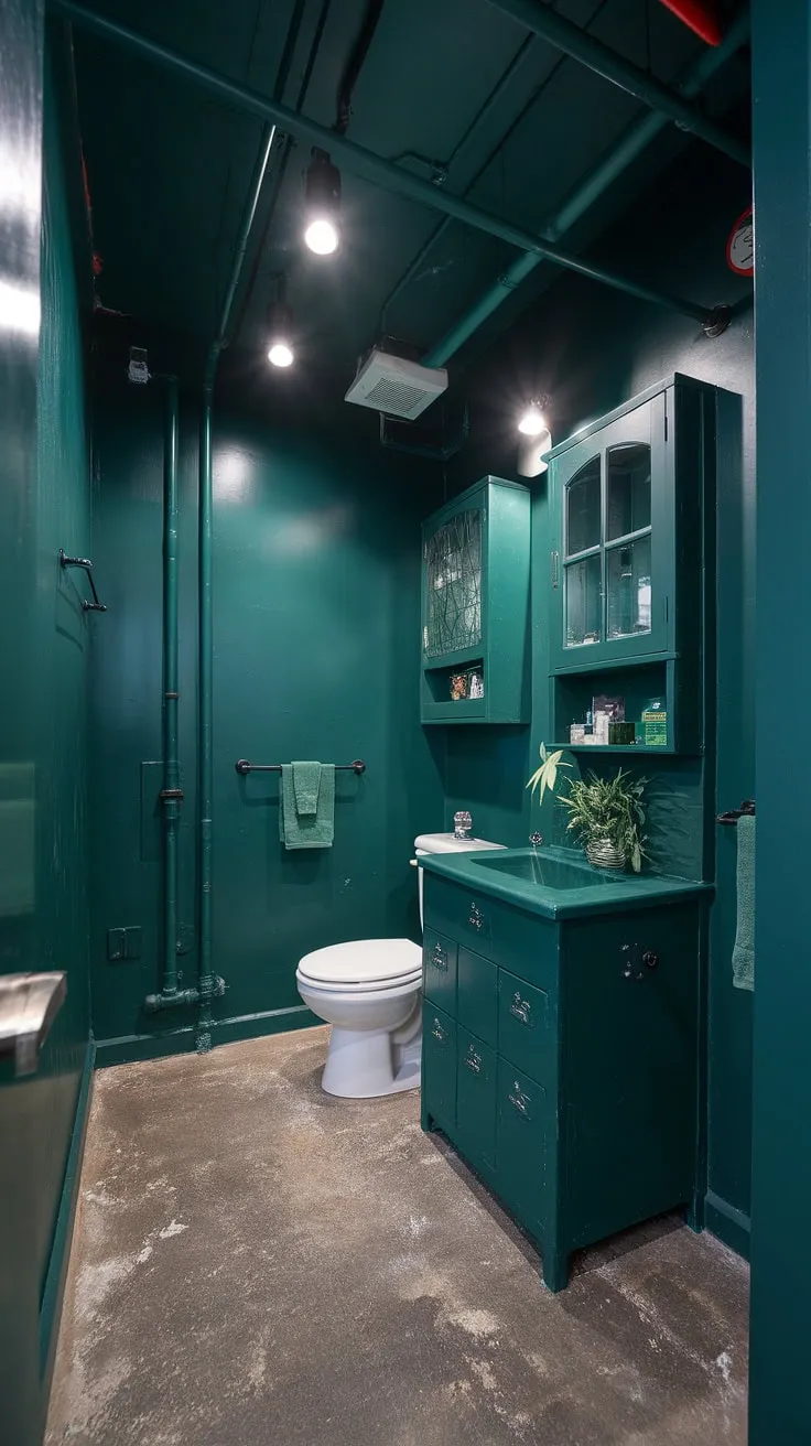 The dark green powder bath showcases a captivating blend of emerald walls and green industrial design, highlighted by stylish cabinets and bright lighting.