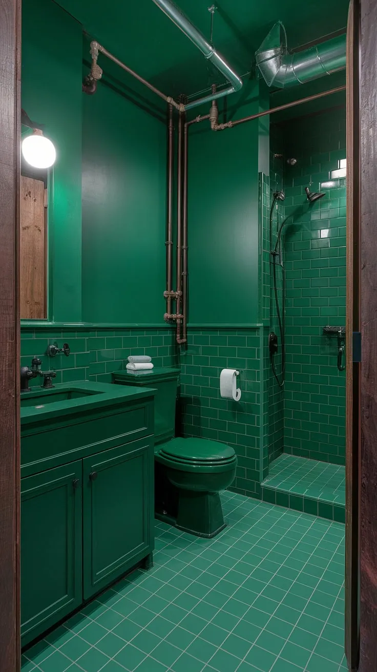 The striking dark green powder bath and wood finishes create a unique green industrial bathroom remodel that exudes character.