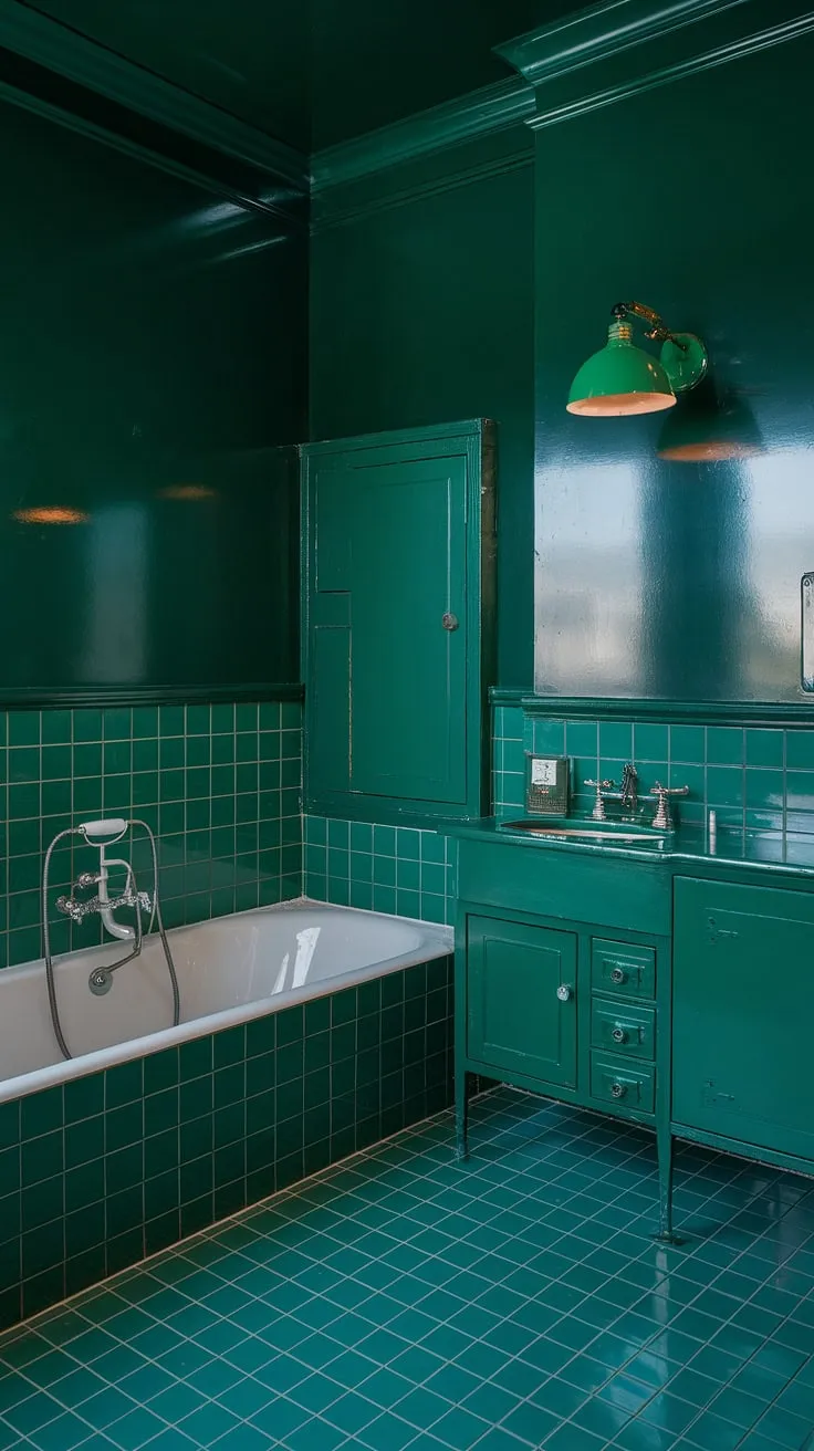 This dark green bathroom showcases bold emerald walls and glossy green cabinets, featuring a vintage tub and industrial accents for a striking remodel.