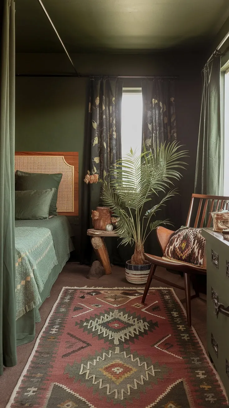 A dark green bedroom adorned with earthy tones and boho style elements showcases the latest bedroom trends with its patterned rug, wooden chair, and abundant natural light.