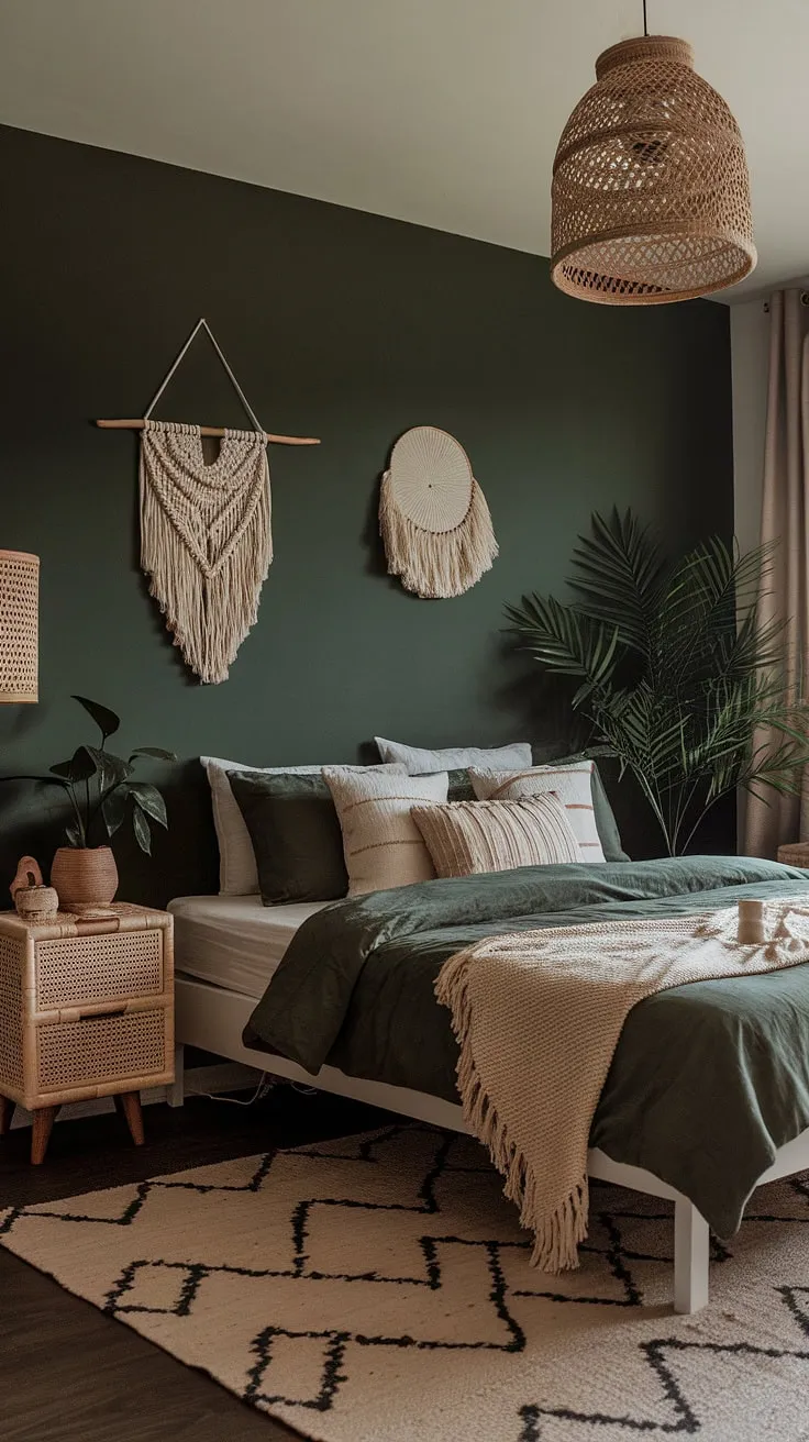 The earthy tones of this dark green bedroom, adorned with boho style accents, highlight the emerging trends in bedroom design for a tranquil retreat.