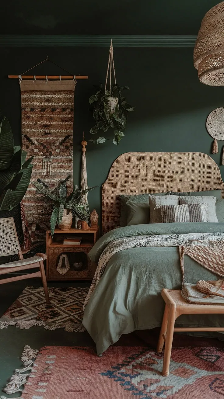 This dark green bedroom showcases earthy tones and boho style with a sage green bed, woven headboard, and a mix of wooden furniture, reflecting the latest bedroom trends.