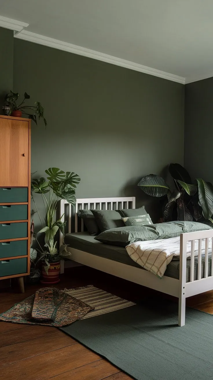 This dark green bedroom showcases boho style with sage green walls, earthy accents, and lush plants, making it a standout in current bedroom trends.