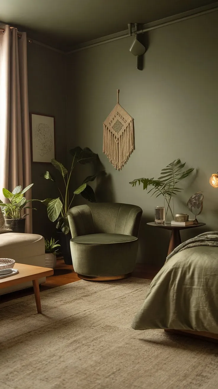 Featuring a harmonious blend of dark green and sage tones, this boho style bedroom highlights earthy elements and soft lighting, reflecting the latest trends in bedroom design.