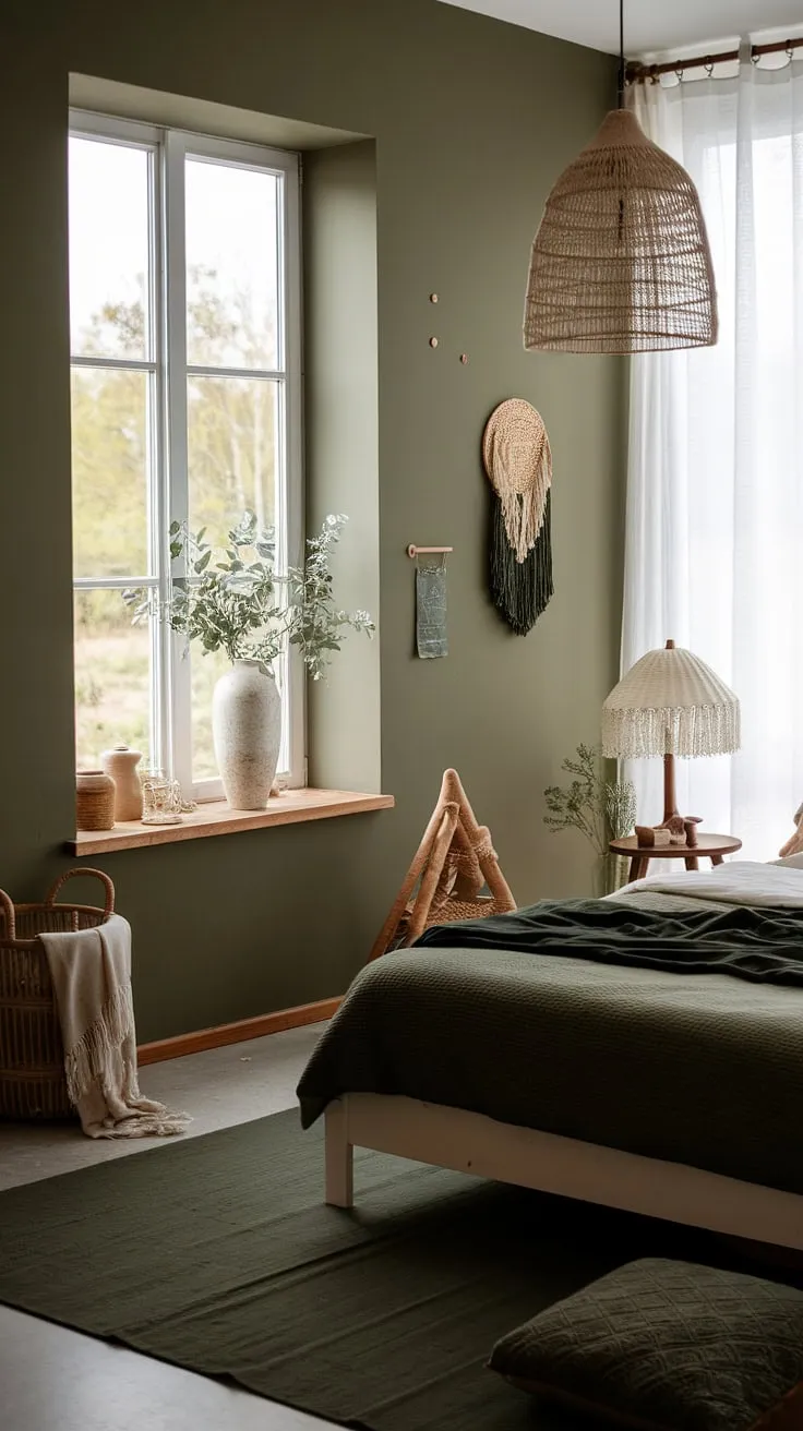 The earthy boho style of this dark green bedroom, accented by a sage green wall and thoughtful decor, highlights the current trends in bedroom design.