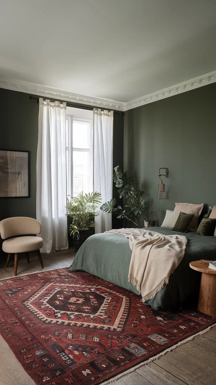 This dark green bedroom showcases boho style with sage green walls, earthy accents, and natural textures, reflecting the latest bedroom trends.