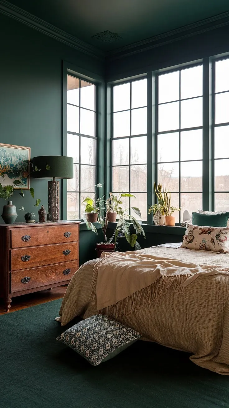 With its high ceilings and large windows, this earthy boho style bedroom in dark green highlights the growing trend of incorporating nature-inspired hues into modern decor.