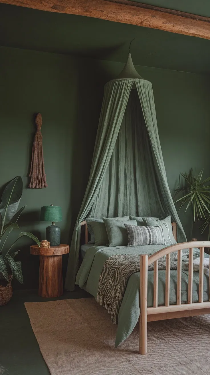 With its sage green walls and boho style decor, this dark green bedroom highlights current bedroom trends through its earthy accents and tranquil vibe.