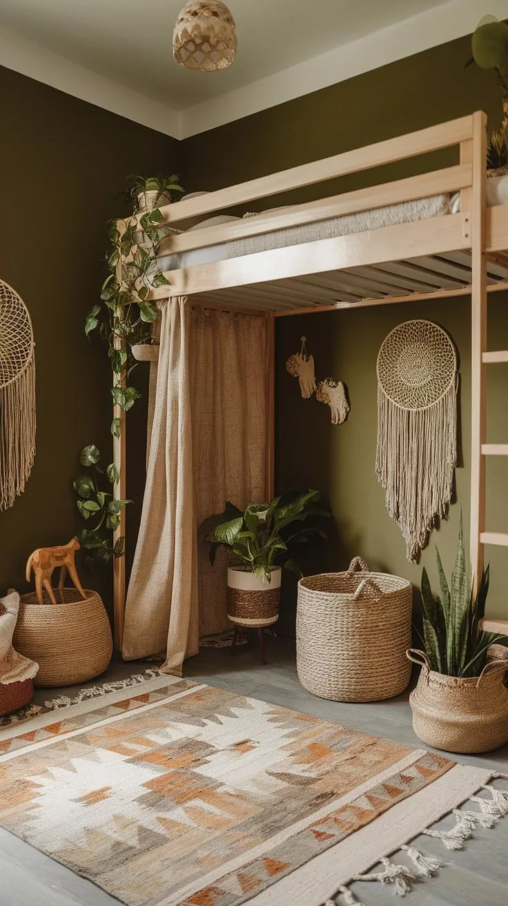 This earthy sage green bedroom showcases a dark green palette with boho elements like a loft bed, geometric rug, and decorative accents, reflecting current bedroom trends.