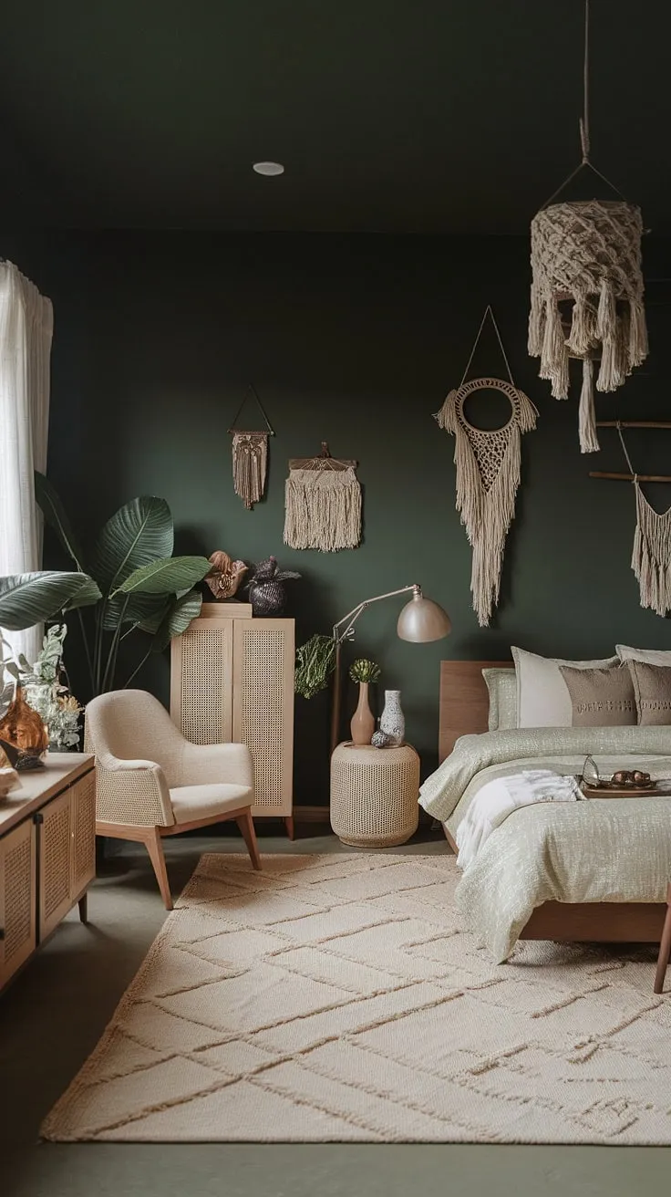 This dark green bedroom showcases boho style decor with earthy tones, featuring a wooden platform bed and natural light that highlight the latest bedroom trends.
