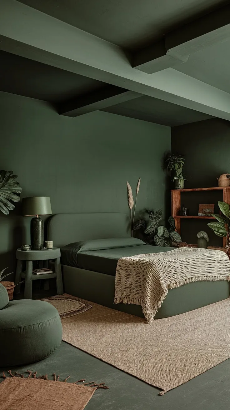 Featuring a cozy queen-sized bed and lush plants, this earthy bedroom captures the essence of modern boho style with its dark green hues.