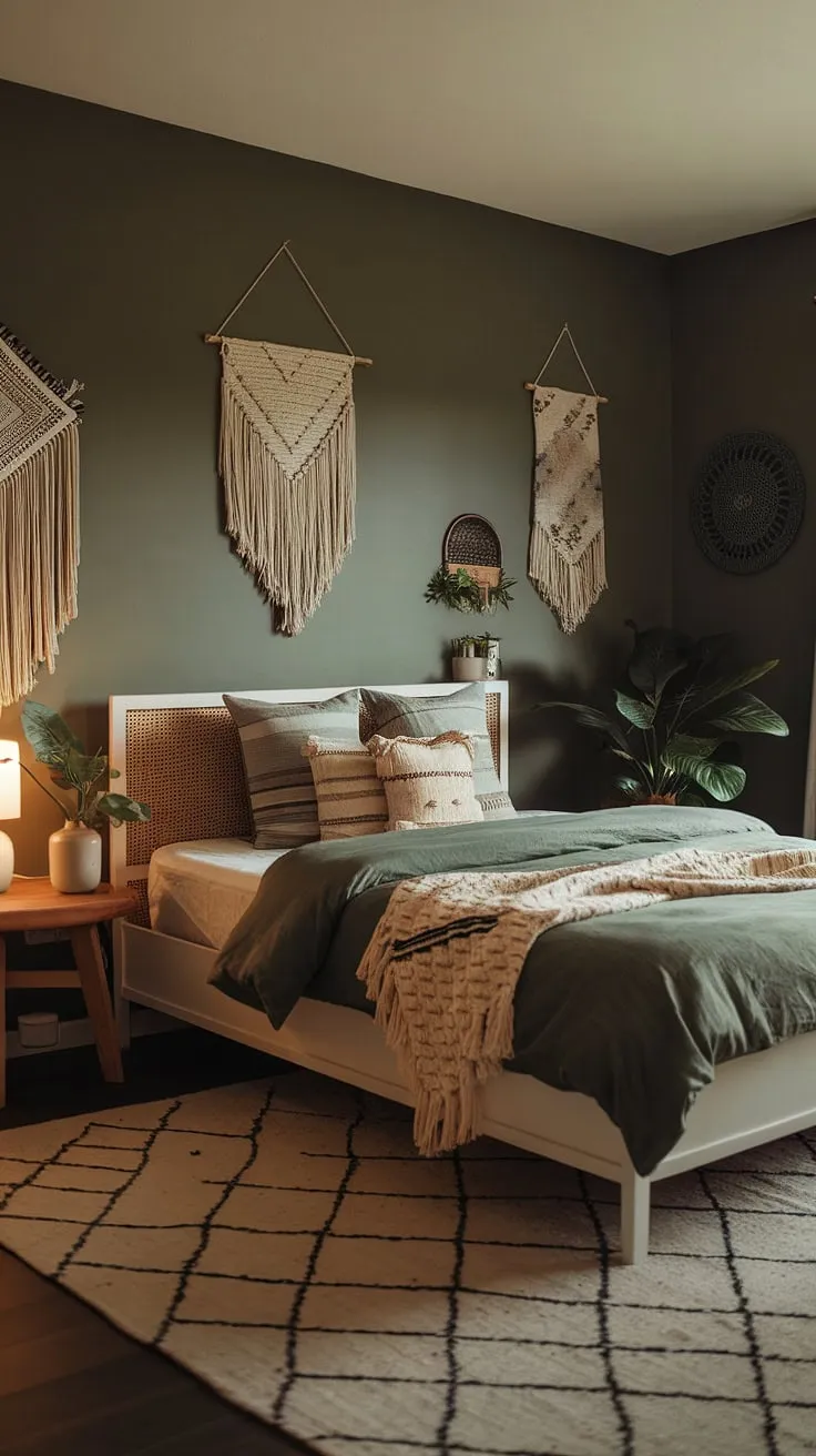 Featuring a harmonious blend of dark green and sage tones, this boho style bedroom highlights earthy elements and cozy decor, making it a standout in current bedroom trends.