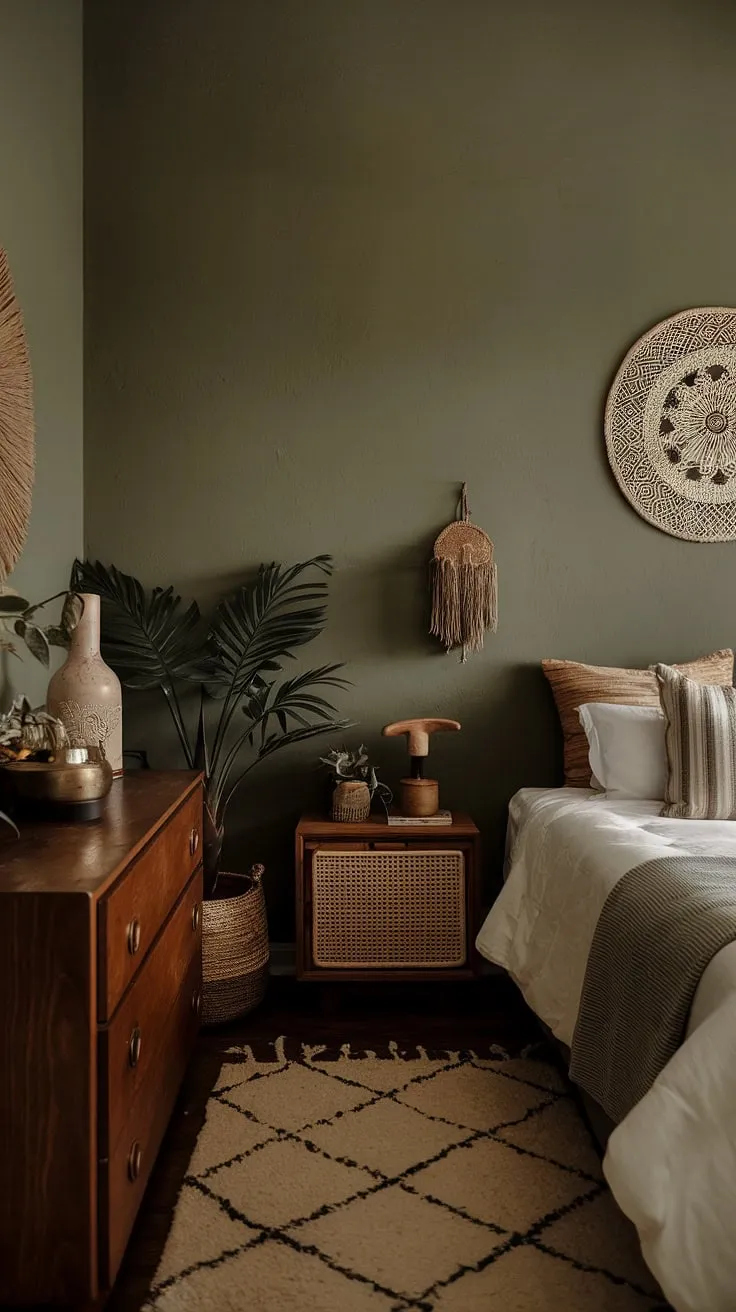 The warm and inviting atmosphere of this dark green and sage green boho style bedroom highlights the charm of earthy bedroom trends.