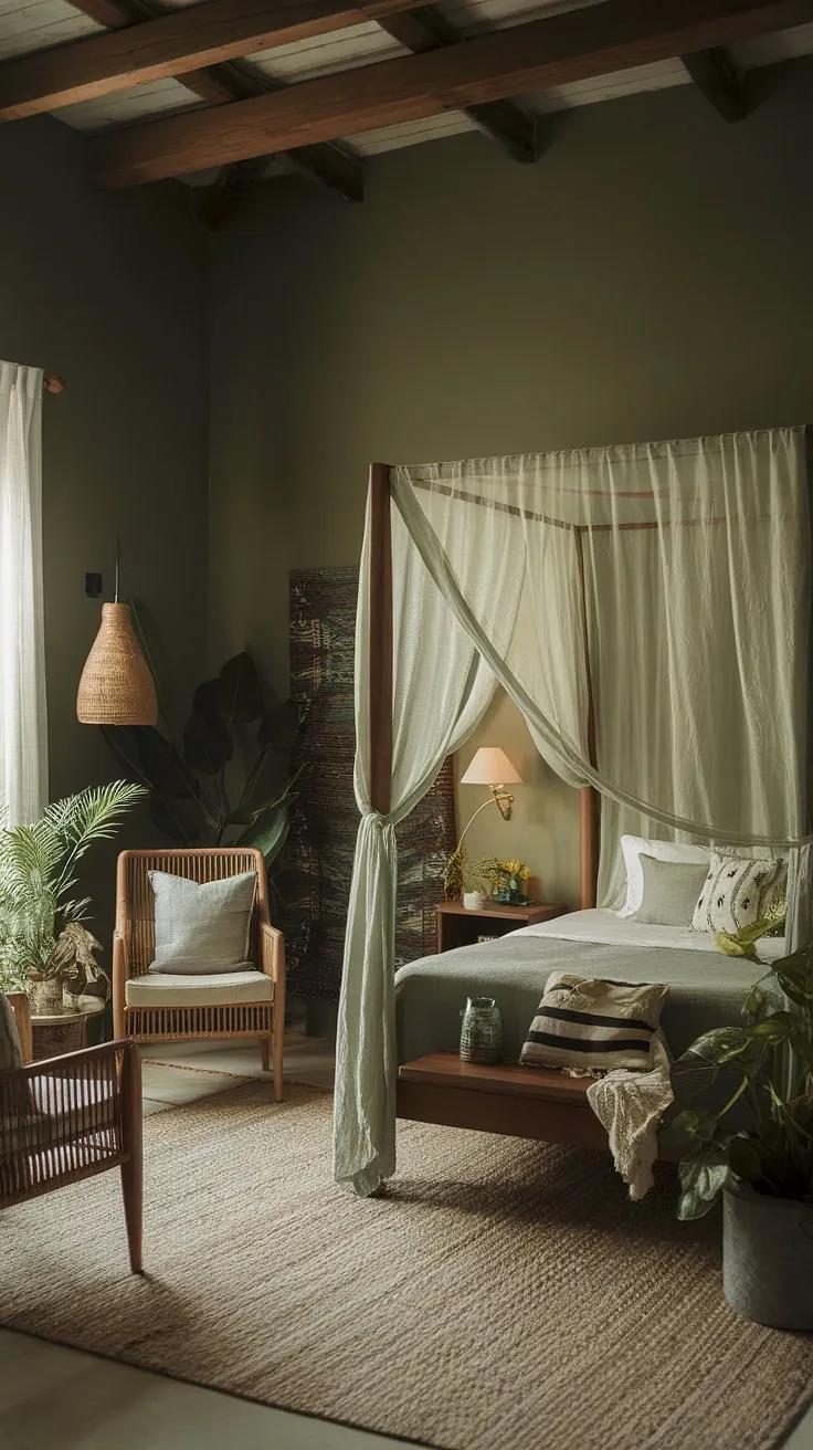 Featuring a calming ambiance, this earthy sage green bedroom with a wooden canopy bed and boho accents highlights the latest trends in bedroom design.