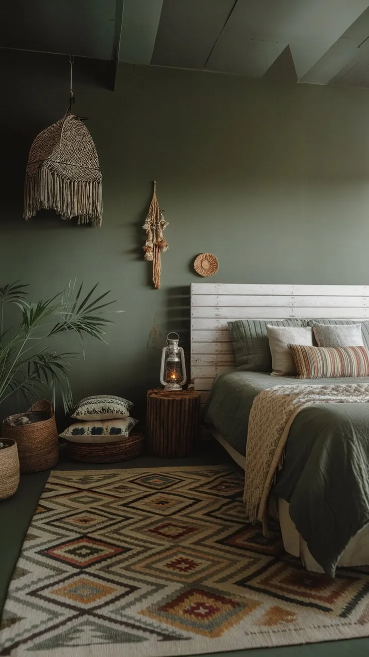 This dark green bedroom showcases boho style with sage green walls, a white wooden headboard, and earthy decor, making it a standout in current bedroom trends.
