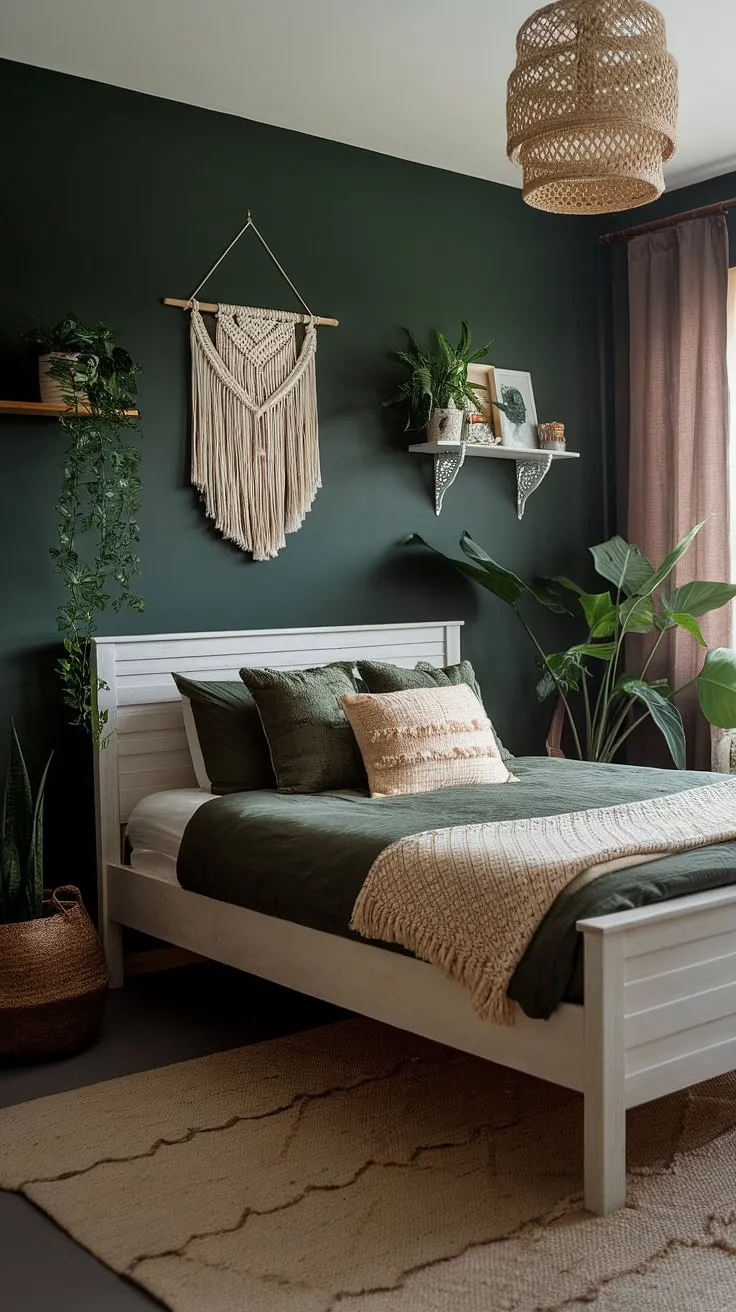The earthy tones of this sage green bedroom, adorned with boho decorations and a cozy white bed, highlight the latest trends in bedroom design.