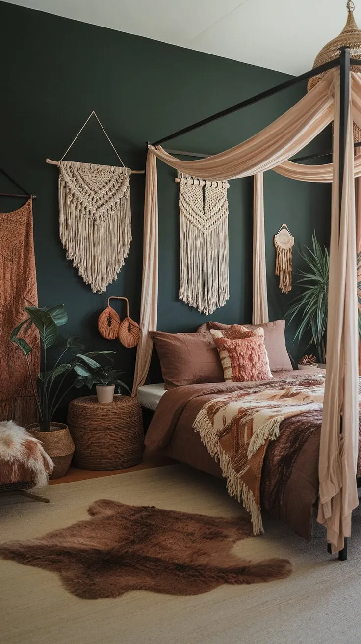 This dark green bedroom showcases earthy tones and boho style with a canopy bed, fur rug, and macrame wall hanging, reflecting the latest bedroom trends.