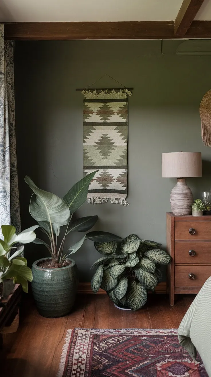 This dark green bedroom showcases boho style with sage green walls, earthy decor, and natural elements, making it a standout in current bedroom trends.