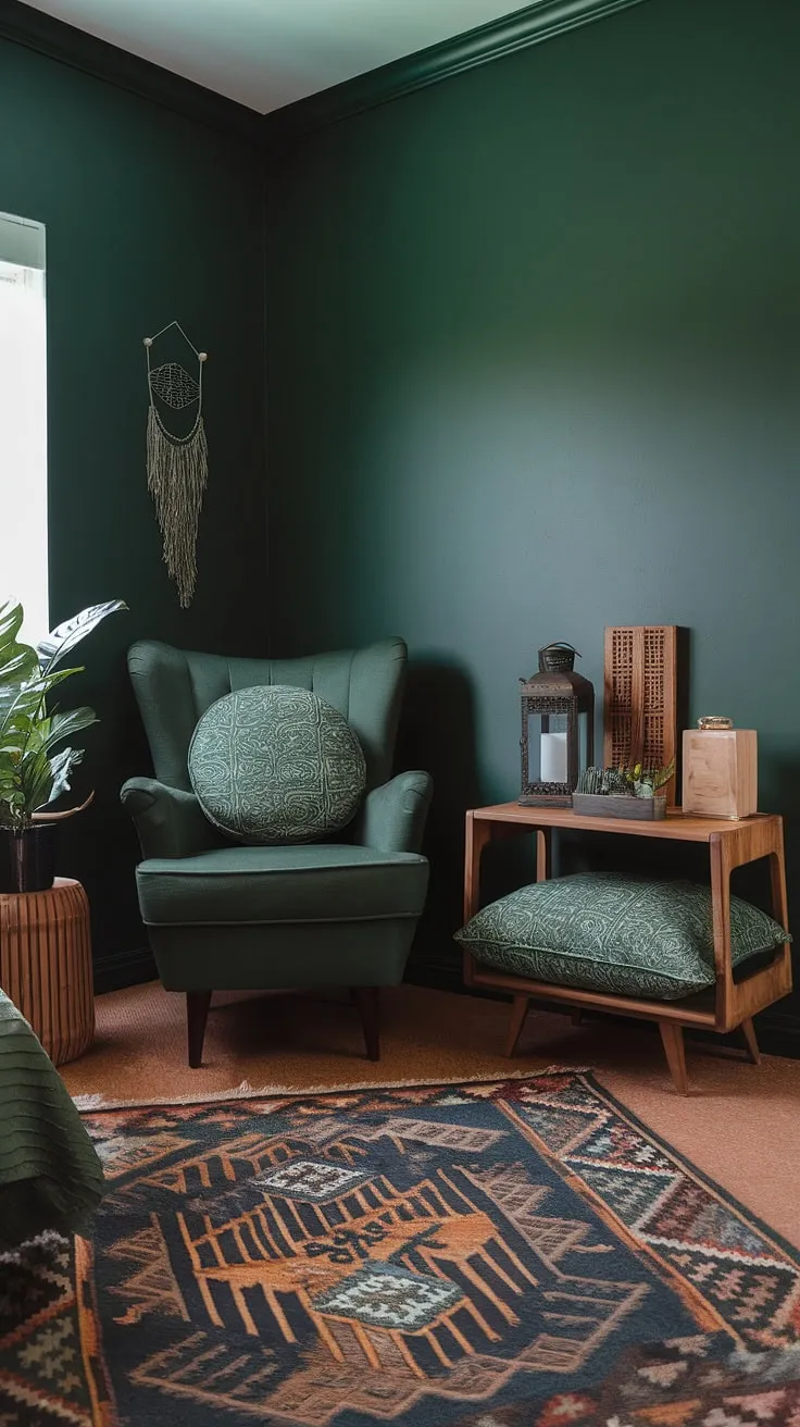 This dark green bedroom showcases boho style with earthy tones, featuring a patterned rug, green armchair, and natural decor that align with the latest bedroom trends.