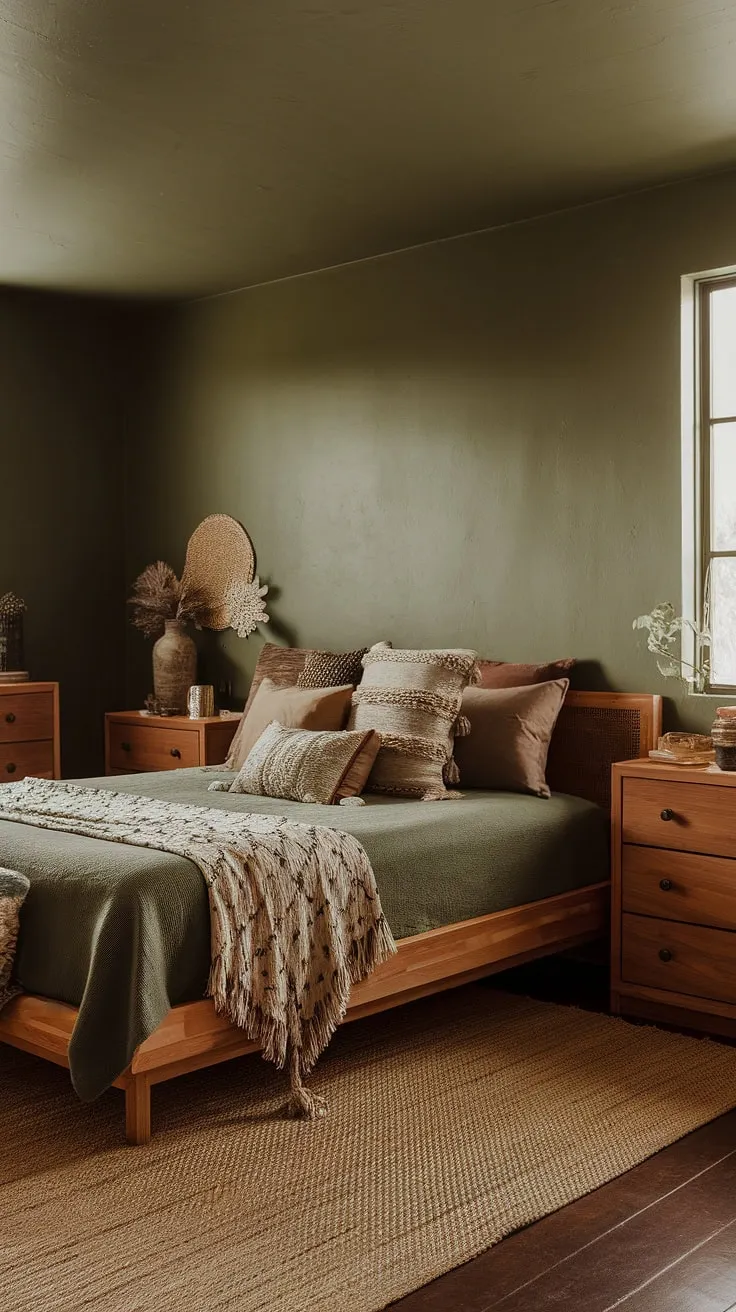 This dark green bedroom, adorned with earthy tones and a sage green hue, showcases boho style trends through its wooden furniture and textured decor.