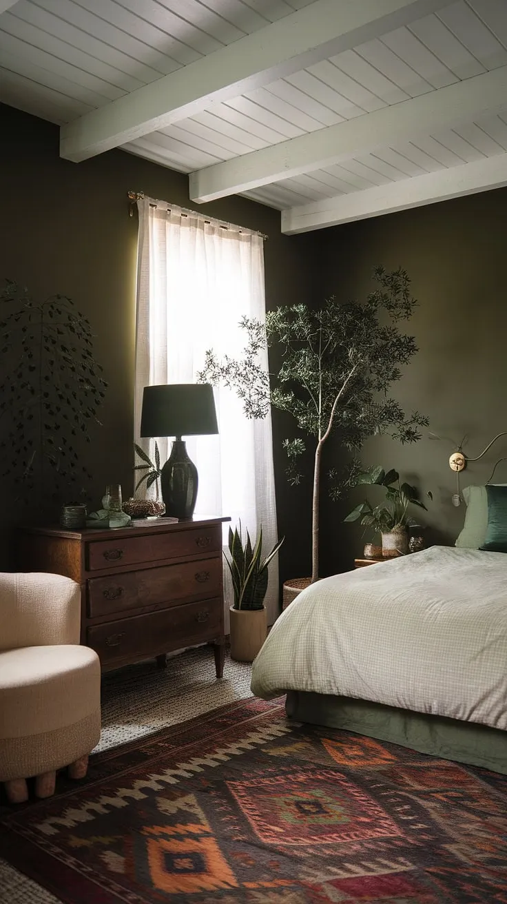 Featuring a harmonious blend of dark green and sage hues, this boho style bedroom highlights earthy elements and plants, perfectly aligning with the latest bedroom trends.