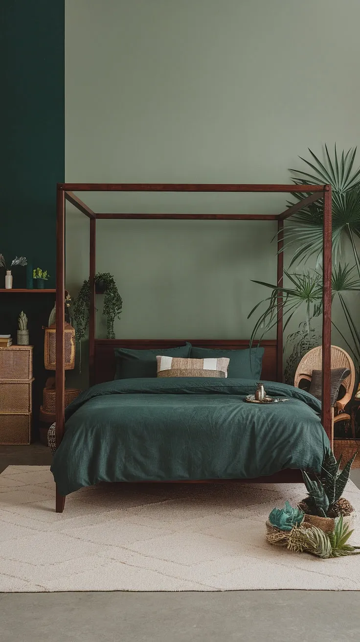 This dark green bedroom showcases boho style decor with sage green walls, earthy accents, and lush plants, making it a standout in current bedroom trends.