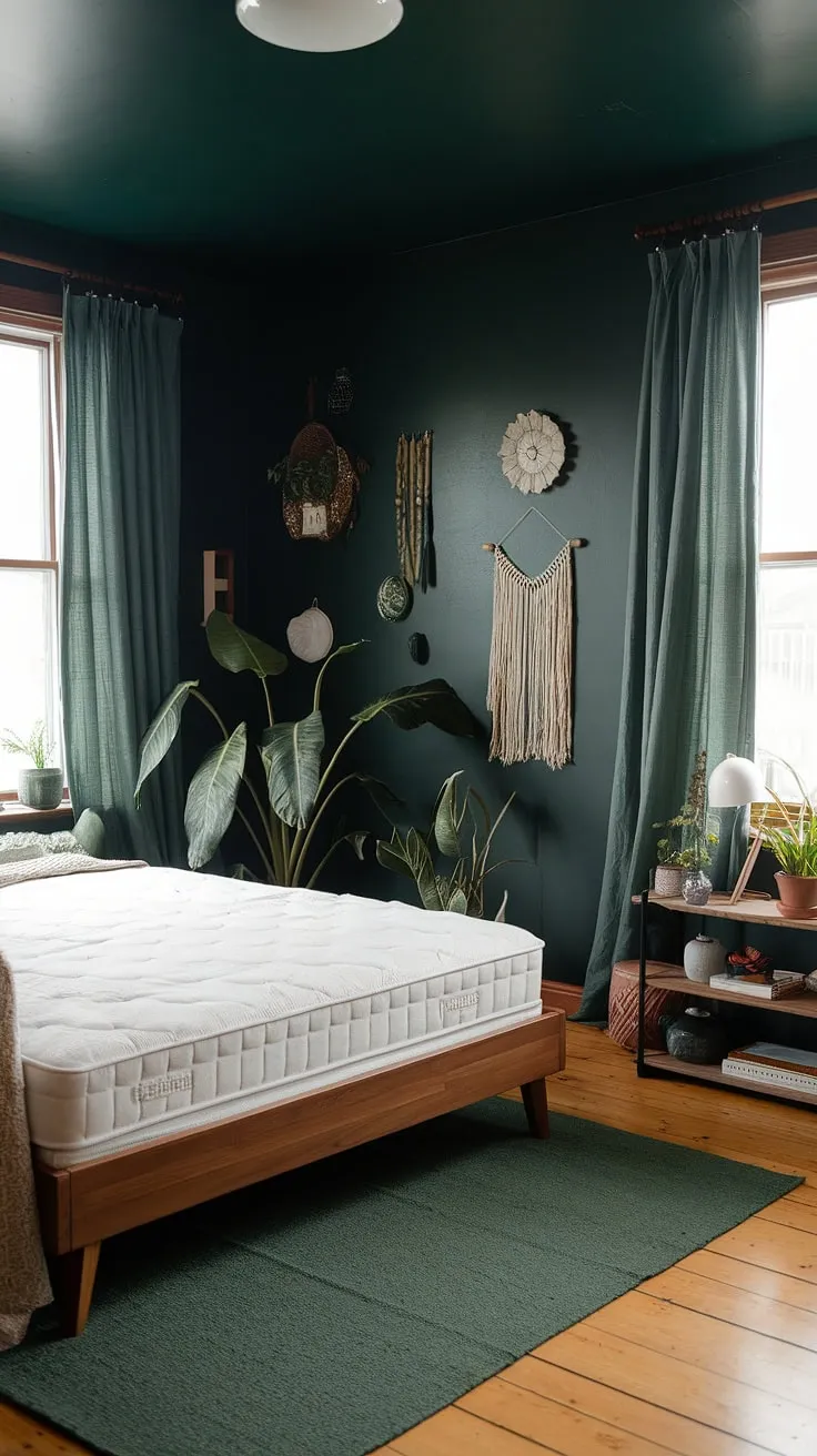 This dark green bedroom, featuring earthy boho style elements and sage green accents, showcases the latest bedroom trends with its wooden furnishings and vibrant decor.