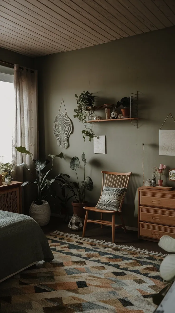 This dark green bedroom showcases boho style with sage green walls, earthy decor, and natural elements, making it a standout in current bedroom trends.