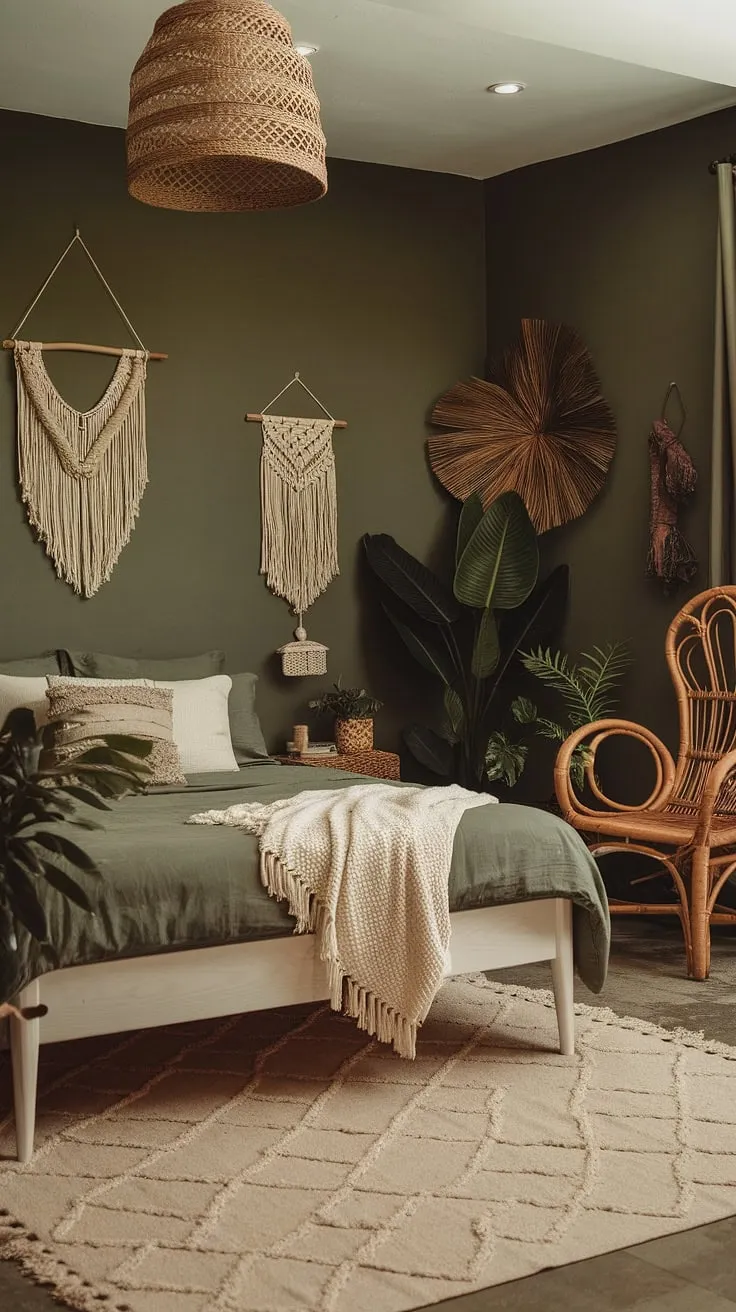 This dark green bedroom, featuring earthy tones and a sage green wall, showcases boho style trends with its white wooden bed frame, beige rug, and charming decor elements.
