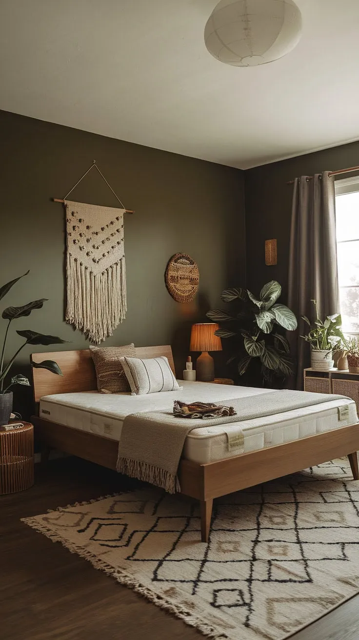 This dark green bedroom, featuring earthy tones and boho style elements like a sage green wall and geometric rug, perfectly captures the latest bedroom trends.
