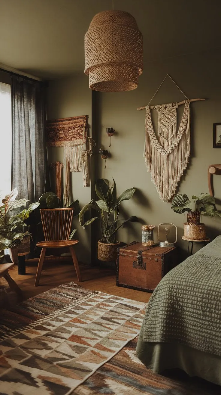 This dark green bedroom, featuring earthy tones and boho style elements like a patterned rug and macrame wall hanging, showcases the latest bedroom trends with its sage green walls and inviting atmosphere.