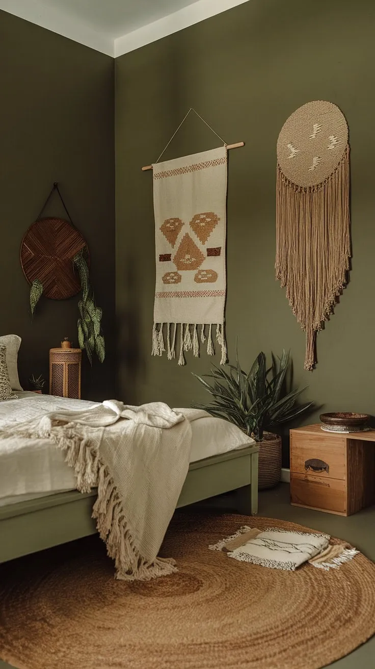 With its sage green walls and boho style decor, this dark green bedroom embodies earthy elegance and reflects the latest bedroom trends.