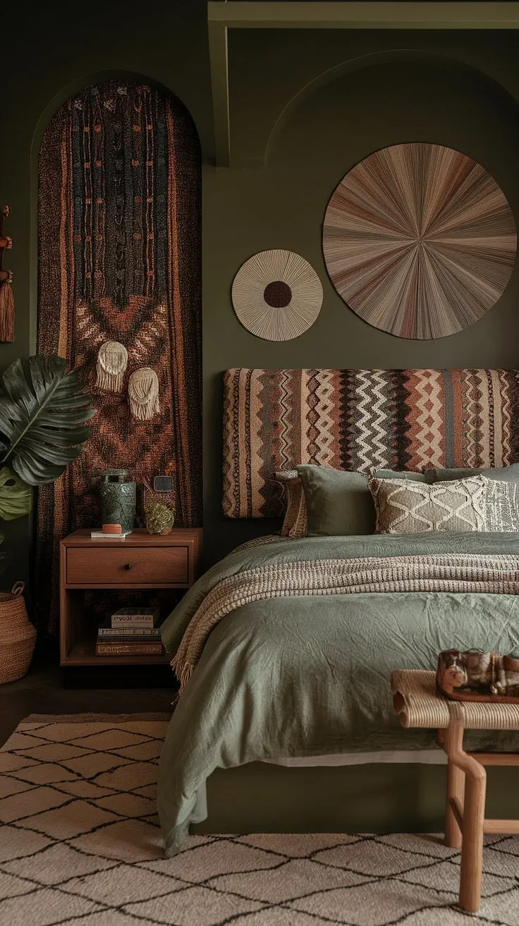 This dark green bedroom, featuring earthy tones and a sage green bed in a boho style, showcases the latest bedroom trends with its rich textures and soft lighting.
