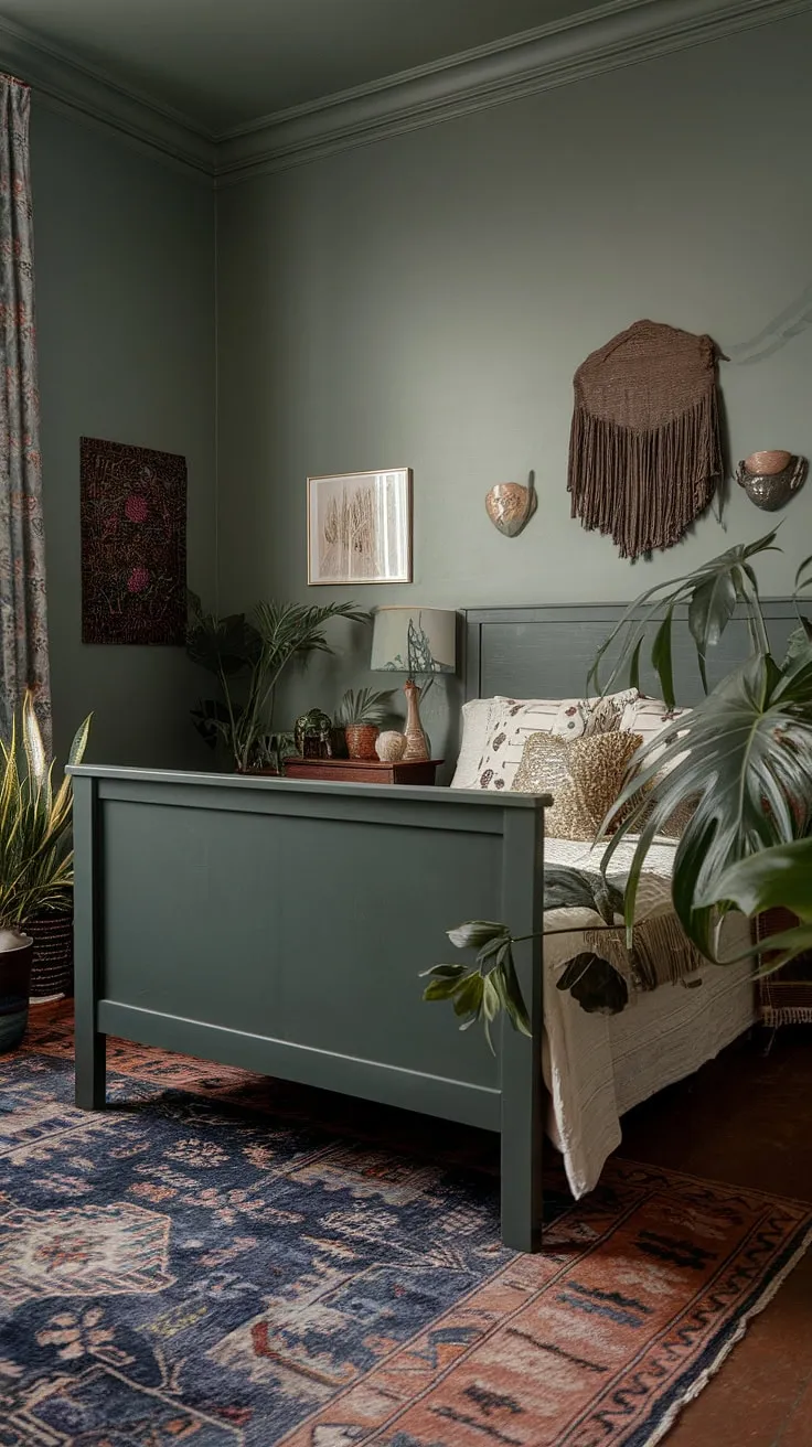 This dark green bedroom showcases boho style with earthy sage green walls, a patterned rug, and decorative plants, reflecting the latest bedroom trends.
