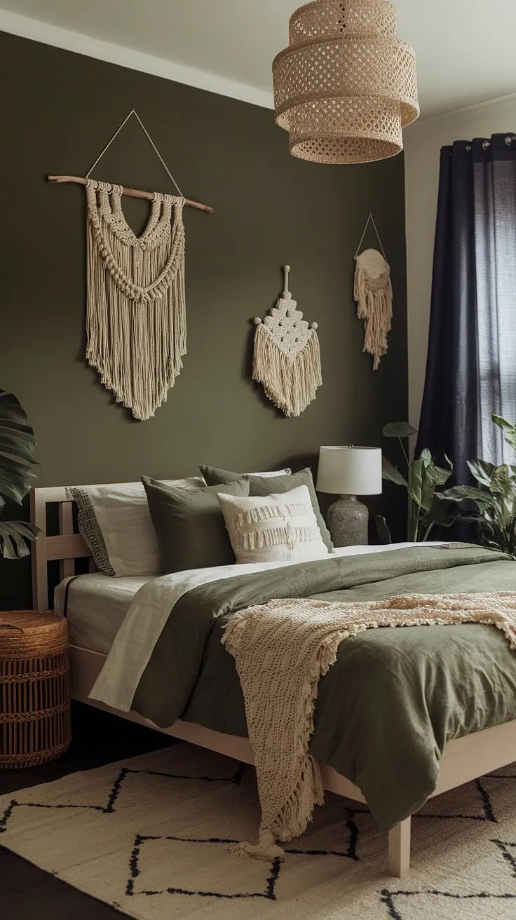 Featuring a sage green wall and boho accents, this dark green bedroom embodies the earthy aesthetic that defines current bedroom trends.