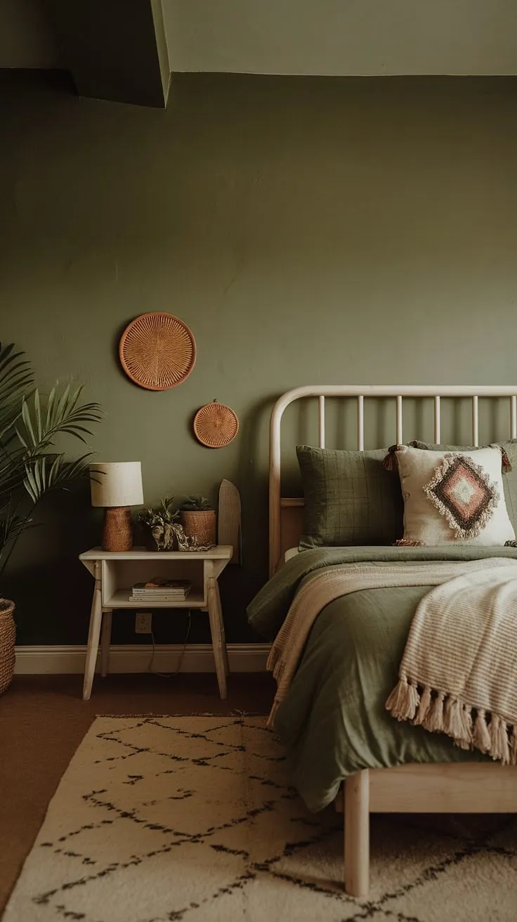 This dark green bedroom showcases earthy tones and a sage green wall, perfectly embodying the boho style that is trending in modern bedroom design.