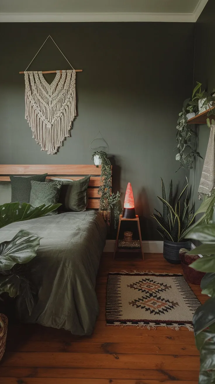This dark green bedroom showcases boho style with earthy sage walls, a wooden headboard, and vibrant plants, reflecting the latest bedroom trends.