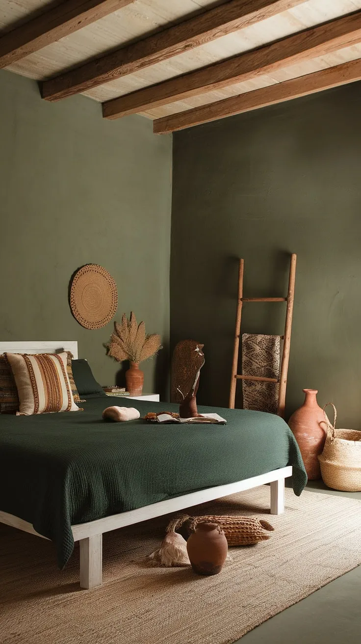 Featuring sage green walls and earthy accents, this dark green boho style bedroom captures the essence of current bedroom trends.