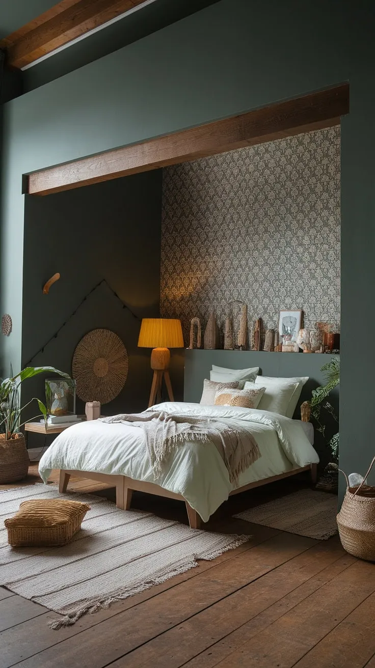 The earthy tones of this dark green bedroom, highlighted by sage green walls and boho decor, create a stylish retreat that embodies current bedroom trends.