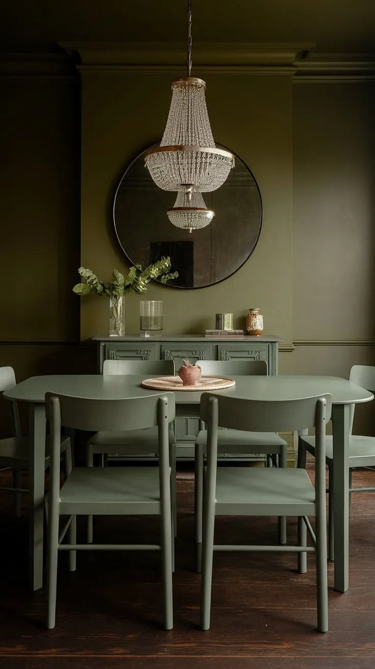 This moody green dining room features deep olive green walls, a sage green dining table and chairs, and a striking white chandelier above, all set against a backdrop of dark wood flooring.