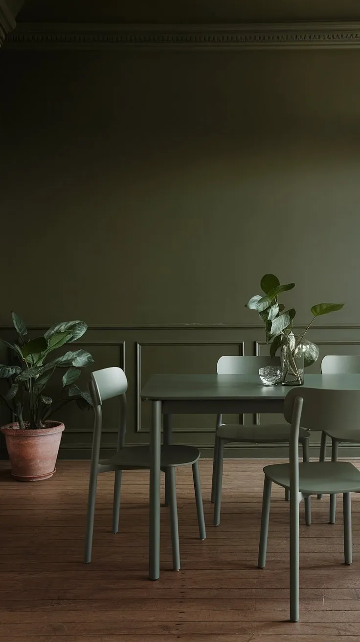 This moody green dining room features dark green walls and a sage green dining table, complemented by a potted plant and soft lighting.