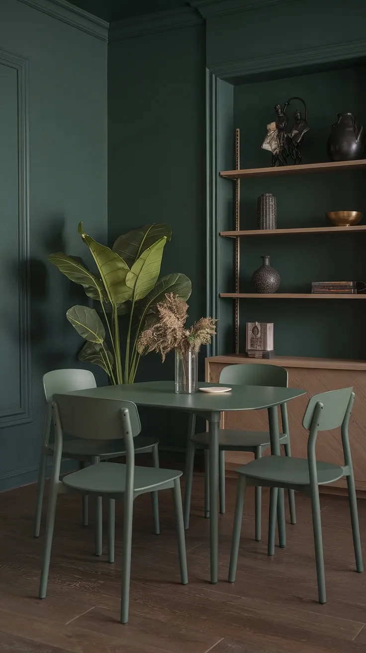 The olive green accents in this green dining room, with its moody walls and sage green dining table, create a stylish and inviting space perfect for gatherings.