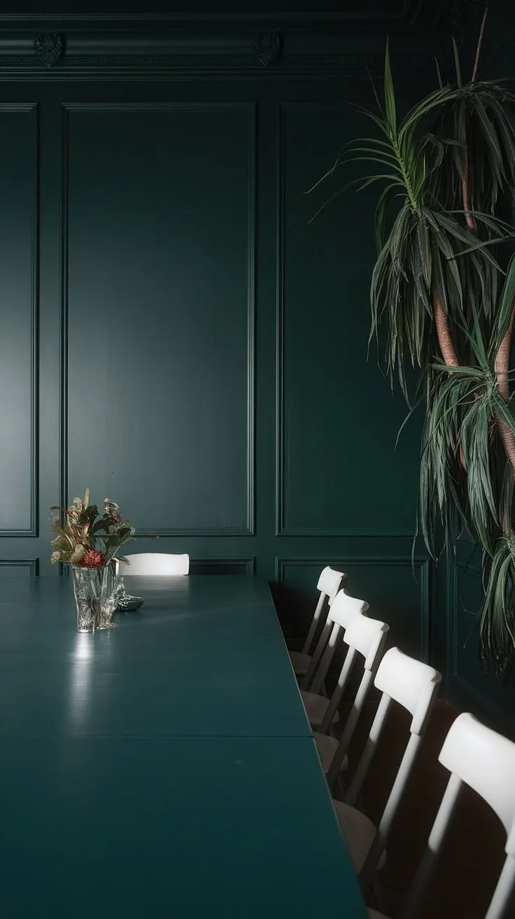 A moody dark green dining room features olive green walls, a long green dining table, and white chairs, complemented by a tall plant for a touch of nature.